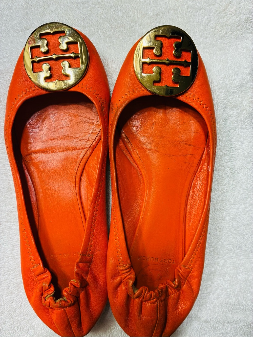 Tory Burch Bright Orange Leather Logo Ballet Flats